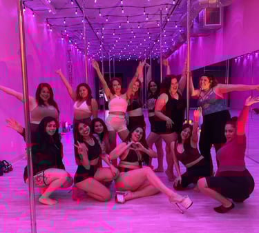 Twelve people posing together in a pole dance studio lit with a pink light