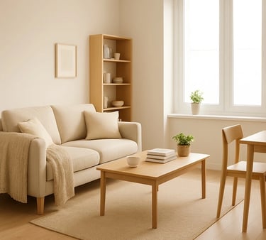 A cozy and functional small living space featuring warm lighting, smart furniture layout.