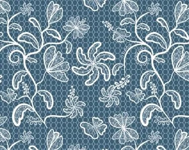 fond dont le motif évoque la toile de Jouy bleue