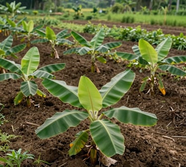 Close-up of rich, dark soil sprinkled with natural fertilizer granules beside vibrant green seedlings.