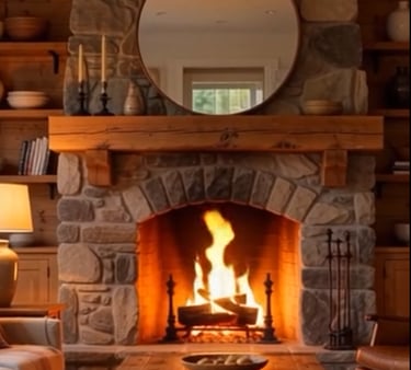 Stone and beam living room with architectural details, natural stone, and warm wood beams