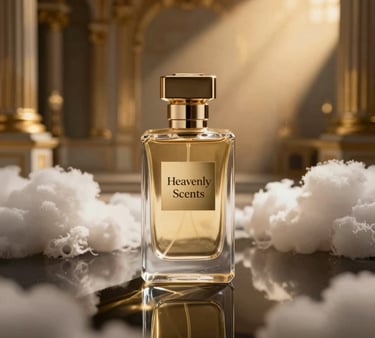 Elegant glass bottles of perfume oils arranged on a sleek black surface with gold accents.