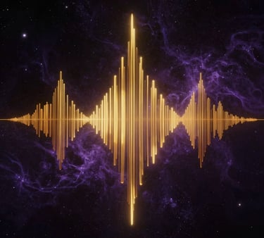 A sophisticated fine-art photograph depicting glowing gold soundwave lines vibrating in a dark space filled with deep violet cosmic dust, conveying the sacred sonic energy of kirtan, curated for a Global South Asian / Indian Spiritual Audience.