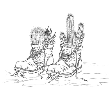 Black and white line art of desert cactus plants growing out of old work boots with roots.