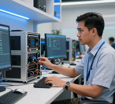 A Southeast Asian / Indonesian male tech researcher interacting with advanced computing hardware in a modern innovation center in Jakarta, sleek white workspace with vibrant blue lighting accents, professional editorial photography.