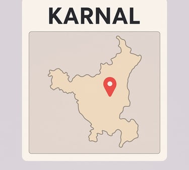 Karnal pinpointed on Haryana state map, indicating its geographic position.