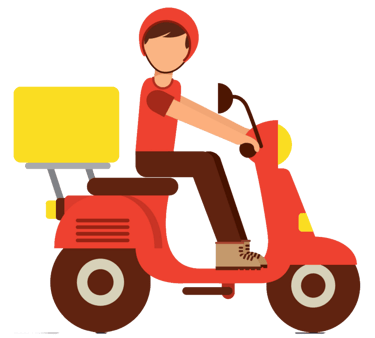 A delivery man in a red shirt and helmet riding a red scooter with a yellow cargo box.
