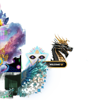 Surreal digital collage featuring a golden dragon, crystals, and mystical symbols on a black background.