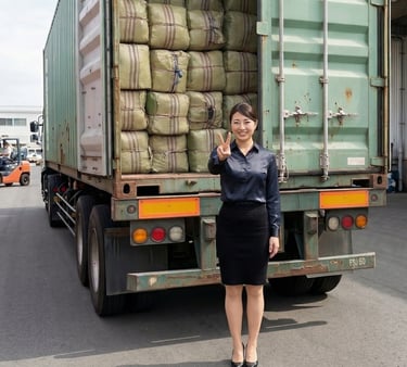international export buyer standing behind a container of dried Gracilaria seaweed, Indonesia