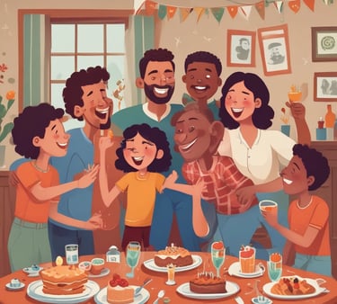 A warm family gathering around a table, sharing a meal and laughter.