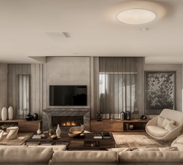 uma sala de estar com um sofá e uma lareira