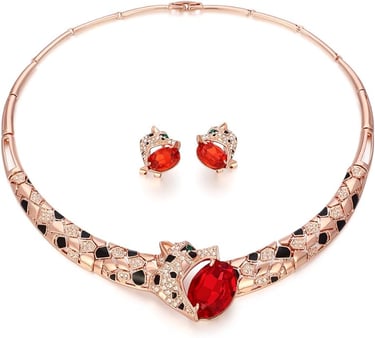 Rose Gold Ruby Crystal Leopard Choker Necklace Stud Earrings Jewelry Set