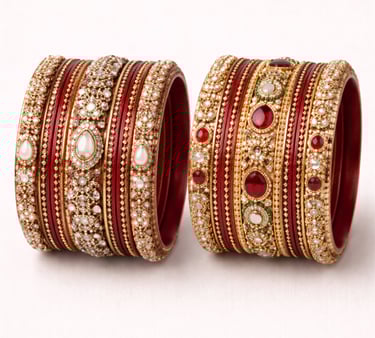 Bridal lac bangles decorated with crystals, beads, and traditional detailing.