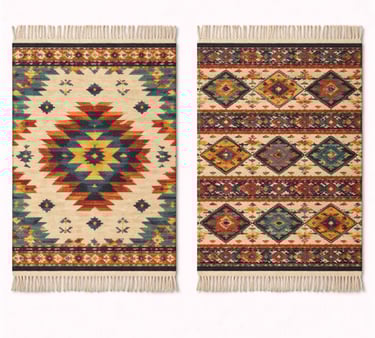 Handwoven wool rug showcasing colorful geometric patterns and artisan craftsmanship.