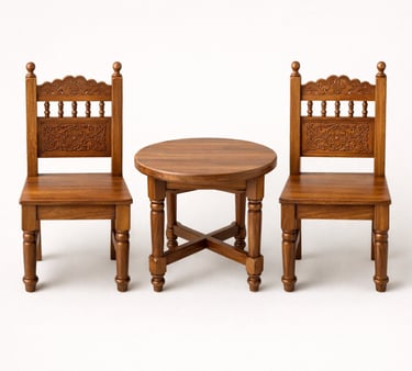 Traditional handcrafted wooden chairs and round table set