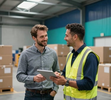 A professional photography scene set in the United Kingdom, showing a modern logistics distribution center. In the foreground, a friendly logistics supervisor in high-visibility safety wear holding a tablet chats warmly with a professional commercial worker in business casual attire. Bright, natural warehouse lighting, modern clean environment with deep navy blue and teal accents.