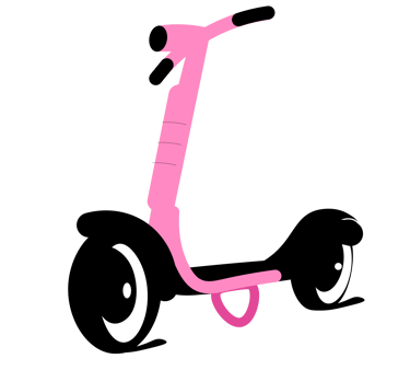 Uśmiechnięta i zaciekawiona różowa hulajnoga z oczami zamiast kółek.