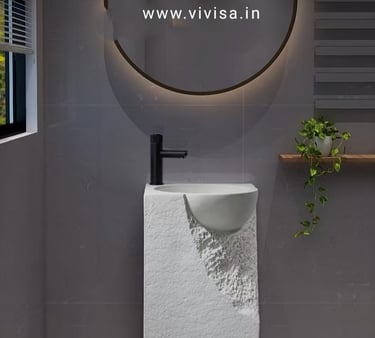 a bathroom with a sink and a plant in the background