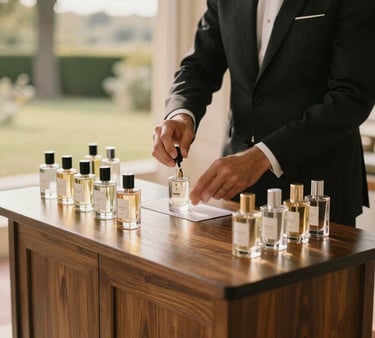 A mobile perfume bar at an upscale wedding in France. A beautiful dark wooden table with polished glass flacons, customized sample vials, a professional sommelier gently spraying a scent onto a test strip. Soft natural golden hour lighting, clean minimalist composition.