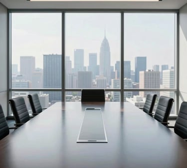 A sleek, minimalist executive boardroom in North American / Global with floor-to-ceiling windows showing a hazy city skyline. A polished conference table reflects soft indigo and light slate colors. The environment is highly professional, clean, and airy, filled with bright natural daylight.
