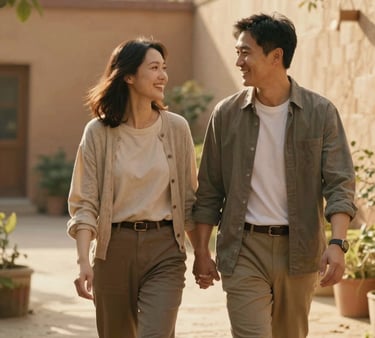 A sun-lit photograph capturing a candid moment of an East Asian / Chinese couple walking in a light-filled garden, holding hands and smiling warmly at each other. The golden hour lighting casts a soft, warm glow. The background has warm earthy tones, with soft sand paths and terracotta brick walls, looking natural, cozy, and filled with love.