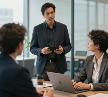 A photograph of a designer explaining a website concept to a client in a North American / US corporate meeting room with glass walls.