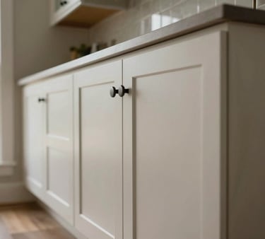 Wide room-integration shot of a completed kitchen cabinet installation in a DC-area home, natural window light from the left, full cabinet run visible showing door alignment, hardware, and countertop fit, no people