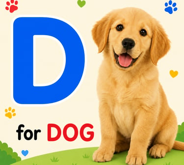Educational alphabet poster featuring a golden retriever puppy and the letter D for dog.