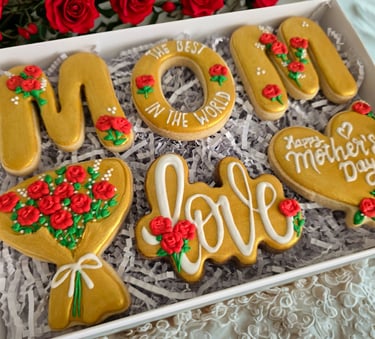 Personalized Mother's Day cookie gift box with elegant gold-themed cookies and red rose decorations, to celebrate love