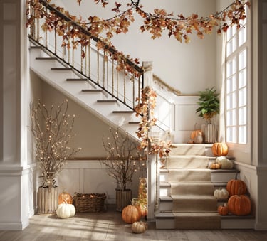 a staircase way with pumpkins and autumn garlands