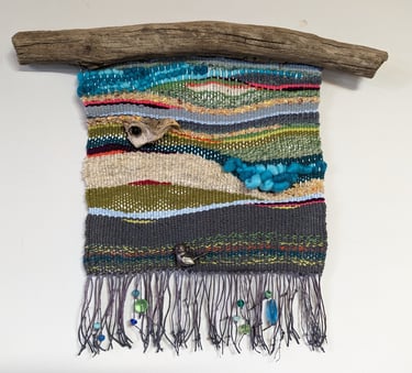 tapestry weaving, wall hangings, Mississippi drift wood, glass beads, birds