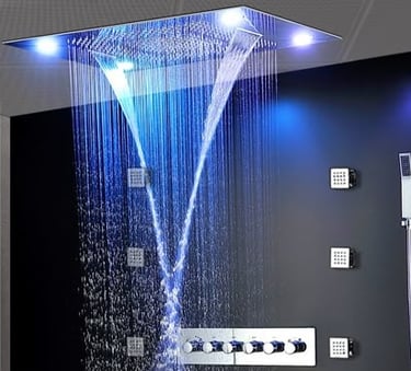 a shower head with a blue light shining down