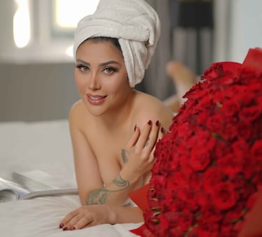 Luxury birthday photoshoot with red roses and natural light, shot by Fred Art Studio