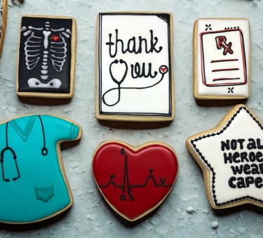thank-you cookies themed for doctors and nurses, featuring medical-inspired designs and heartfelt messages show appreciation