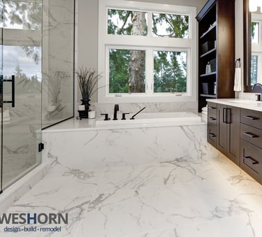 Modern bathroom with walk‑in glass shower, large vanity, and contemporary tile design
