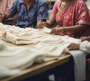 A skilled tailor carefully stitching a vibrant school uniform in a bright, organized factory setting.