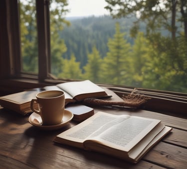 A cup of coffee and a book on a table