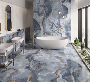 a bathroom with a tub tub and a large window