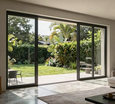 A wide-angle interior shot of a contemporary Belgian villa's living room, featuring massive floor-to-ceiling sliding glass doors with thin deep black frames that open onto a lush green garden. The lighting is bright and natural, reflecting off a polished concrete floor.