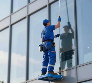 A professional facade cleaning specialist working on a modern commercial building in Belgium. Bright daylight, clear glass surfaces, reflecting a clean and professional image. Subtle presence of #295D8D blue accents in the equipment.