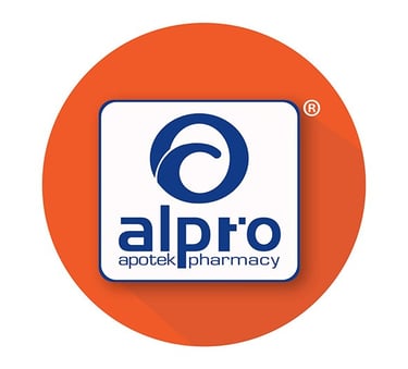 Alpro Pharmacy logo with blue text on a white square inside an orange circle.