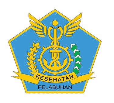 Official Kesehatan Pelabuhan logo featuring a blue pentagon with a yellow caduceus, anchor, and wings.