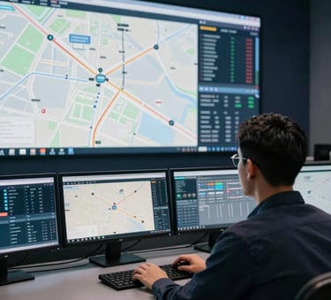An interior shot of a sophisticated logistics control center. A professional viewed from behind looks at large monitors displaying glowing route maps and data. The room is dimly lit with deep navy tones and sharp, soft off-white screen glows.