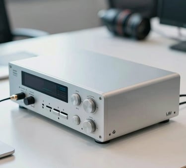 A close-up of a high-end digital communication system on a sleek desk in a South American / Brazilian corporate setting, natural light, using colors like Light Blue and Off-white.