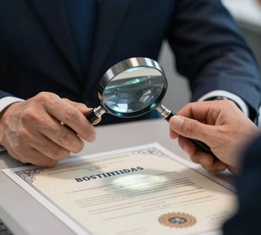 A close-up photograph of a professional investigator's hands in a modern office, using a magnifying glass to inspect a printed educational certificate. The lighting is focused and precise, with a color palette of steel blue and soft off-white.
