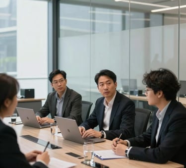 A focused professional collaborative session in a high-tech North American boardroom with sleek glass walls and minimalist furniture, daytime natural light, professional atmosphere.