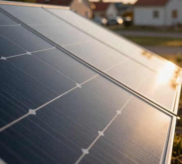 A sharp, detailed photography close-up of a high-efficiency solar panel cell. The surface reflects the clean, bright sky. Composition is modern and minimalist with warm golden amber sunlight glinting off the edges. Set against a blurred Northern European / Baltic residential backdrop.