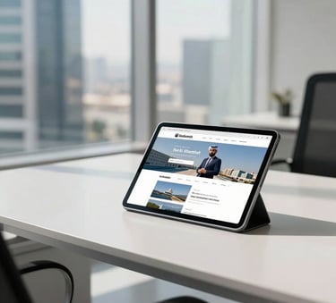 A high-end modern office desk in a Ras Al Khaimah corporate building with a sleek tablet showing a professional website layout, bright natural lighting, soft blue and white accents, Middle Eastern business district visible through windows.