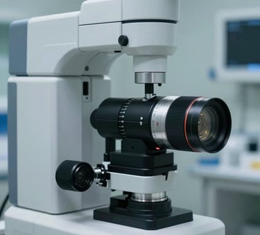 A close-up of modern, high-precision medical diagnostic equipment in a sterile clinic setting, lit with soft white and slate blue tones, North American medical office environment.