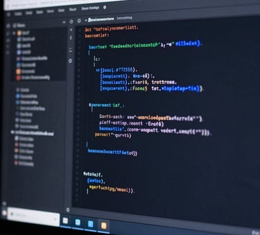 A close-up of a high-tech computer screen displaying clean lines of software code and a user interface mockup. The lighting is low and moody, featuring sharp glows of #725DF0 and #3C306D against a dark #0E0C1F background, representing professional development expertise.